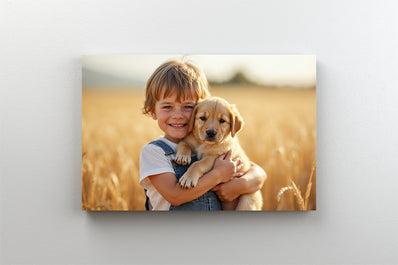 Tablou Canvas - Baietel in salopeta de blugi cu un catelus mic in brate