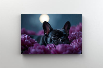 Tablou Canvas - Bulldog doarme intre bujori la miezul noptii