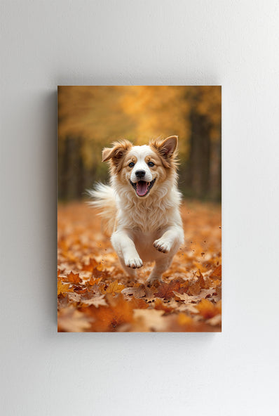 Tablou Canvas - Caine jucandu-se in frunzele de toamna