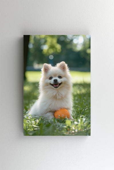 Tablou Canvas - Cainele fericit jucandu-se cu mingea portocalie