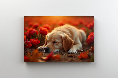 Tablou Canvas - Caine trage un pui de somn intre trandafiri