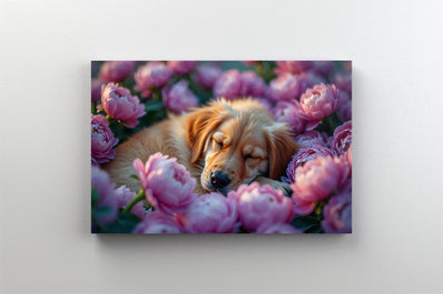 Tablou Canvas - Catelus adormit in patul cu bujori