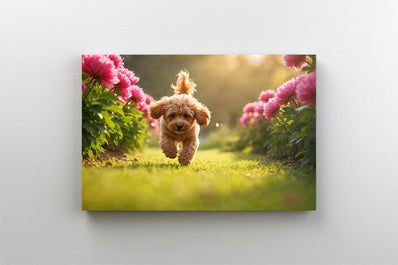 Tablou Canvas - Catelus alergand prin patul cu bujori