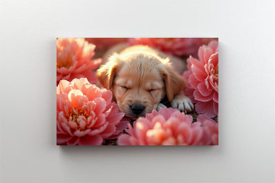 Tablou Canvas - Catelus mic trage un pui de somn intre bujori