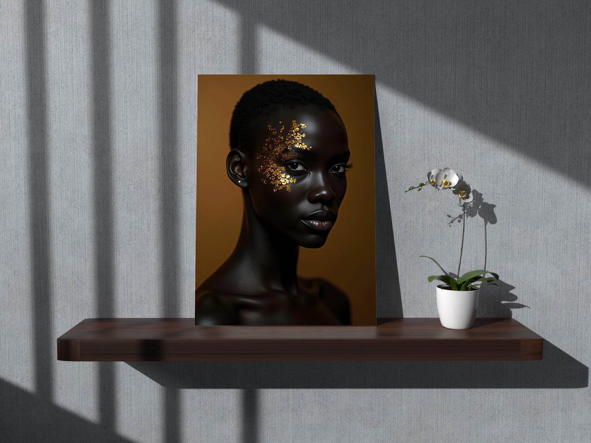 Tablou Canvas - Femeie africana tunsa scurt cu fulgi de aur