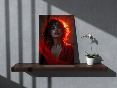 Tablou Canvas - Femeie backlit cu par cret si fundal rosu