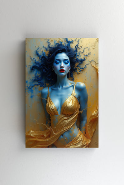 Tablou Canvas - Femeie culcata in contrast aur-albastru