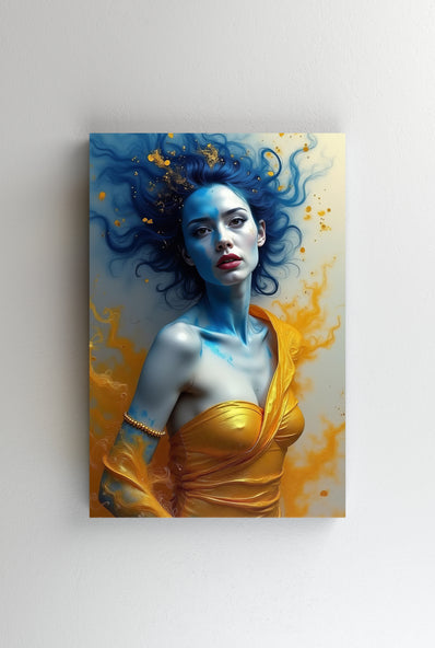 Tablou Canvas - Femeie cu par albastru si rochie aurie