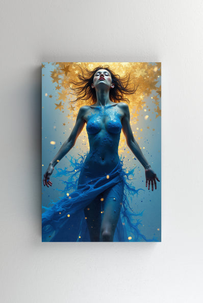 Tablou Canvas - Femeie cu par instelat leviteaza pe fundal albastru
