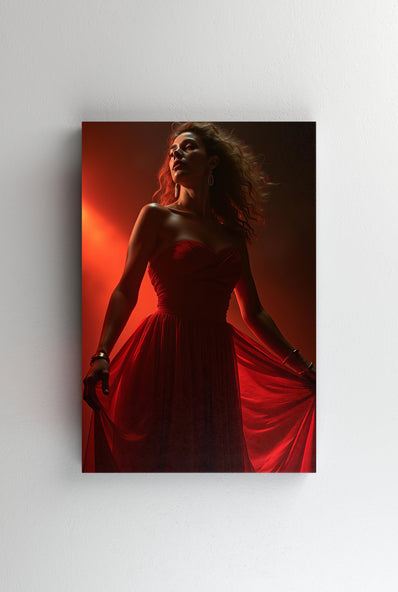 Tablou Canvas - Femeie in Rochie rosie sub lumina reflectoarelor