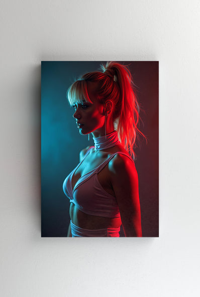 Tablou Canvas - Femeie in bustiera cu coada in lumina albastru rosie