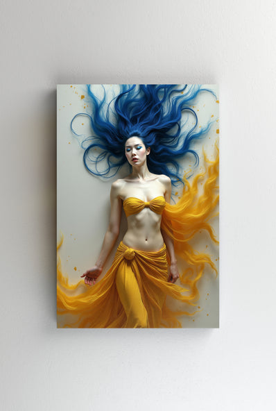 Tablou Canvas - Femeie in rochie galbena cu par albastru