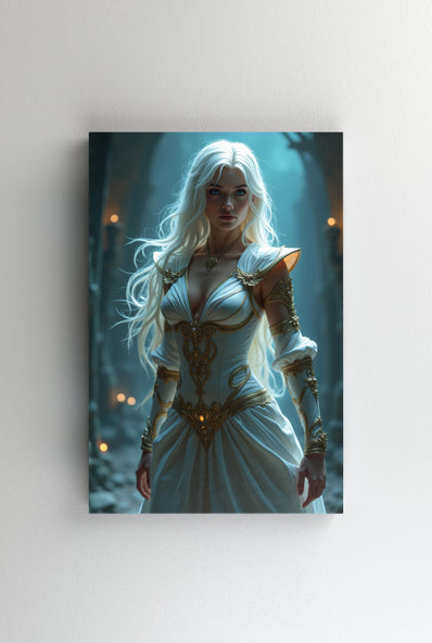 Tablou Canvas - Femeie par alb rochie alba in lumina lunii