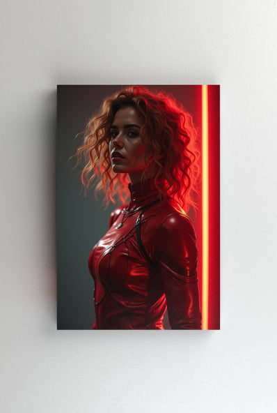 Tablou Canvas - Femeie supererou gata de lupta fundal rosu