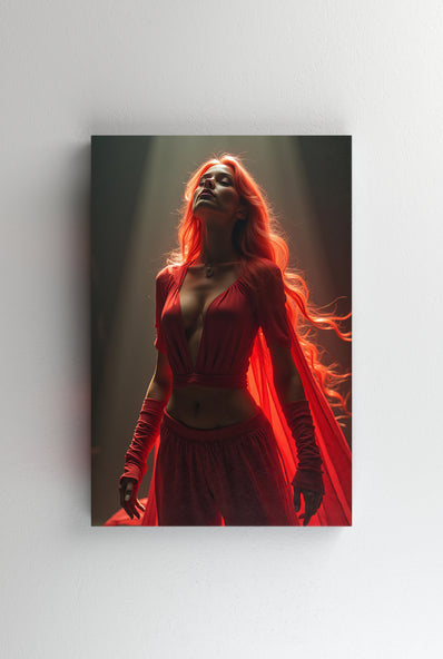 Tablou Canvas - Femeie super erou par rosu stand in vant