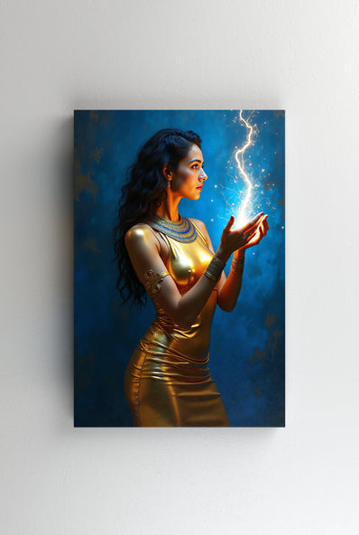 Tablou Canvas - Fundal albastru si rochie aurita caucasian