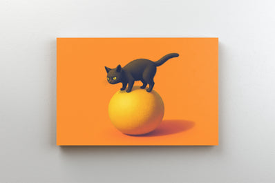 Tablou Canvas - Ilustratie cu pisica urcata pe o portocala