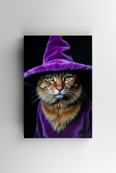Tablou Canvas - Pisica cu Palarie de Vrajitoare Mov Catifelata