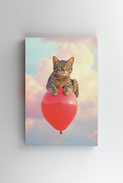 Tablou Canvas - Pisica in nori pe un balon rosu