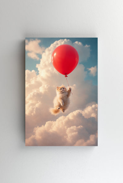 Tablou Canvas - Pisica pufoasa agatata de un balon rosu