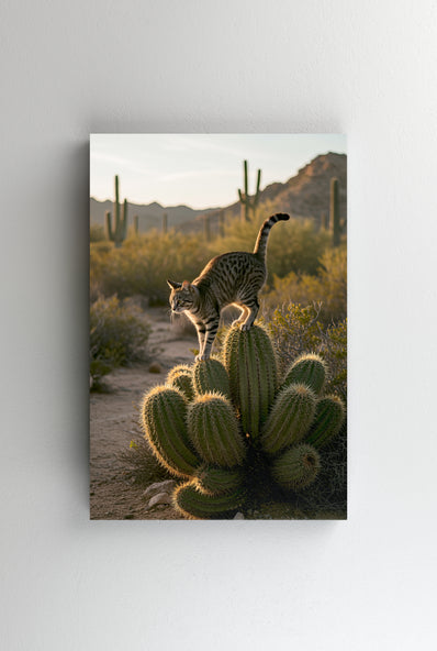 Tablou Canvas - Pisica salbatica urcata pe un cactus