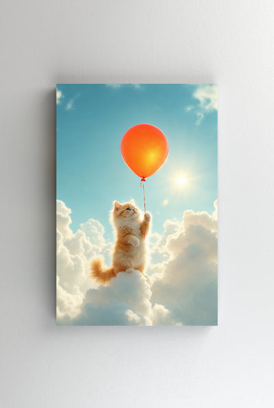 Tablou Canvas - Pisicuta in nori agatata de un balon portocaliu