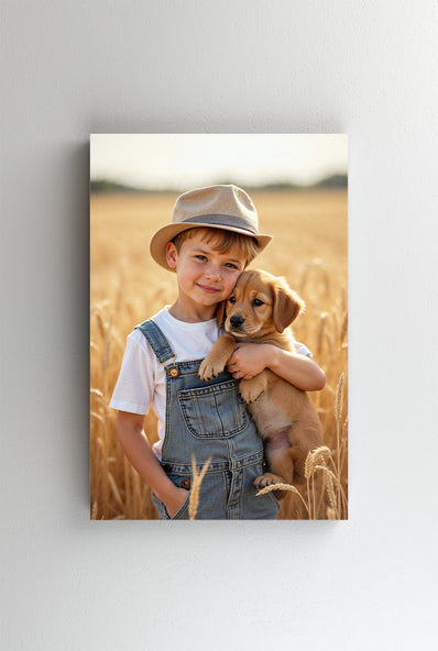 Tablou Canvas - Portretul unui baiat cu cainele sau in lanul de grau