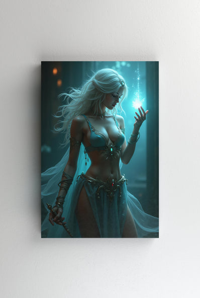 Tablou Canvas - Printesa asasin cu par alb pe fundal turcoaz