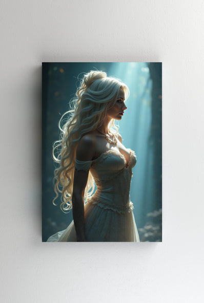 Tablou Canvas - Printesa cu par si rochie alba fundal albastru